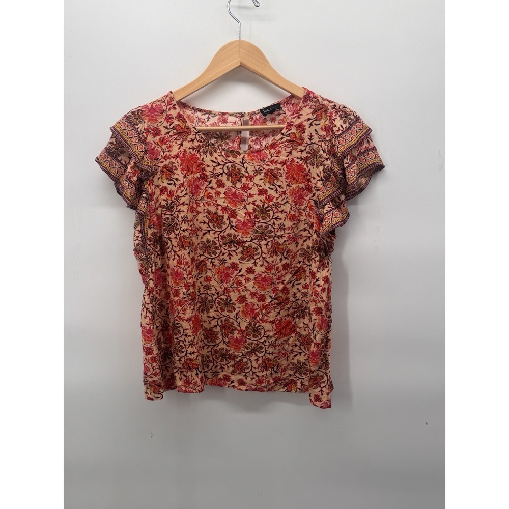 Nicole Miller New York Boho Flutter Sleeve Blouse Top Pink Beige Size S Ruffle